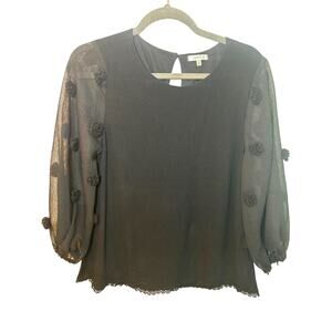 Jodiful Women’s Black Blouse Sheer Patterned Balloon Sleeves Top